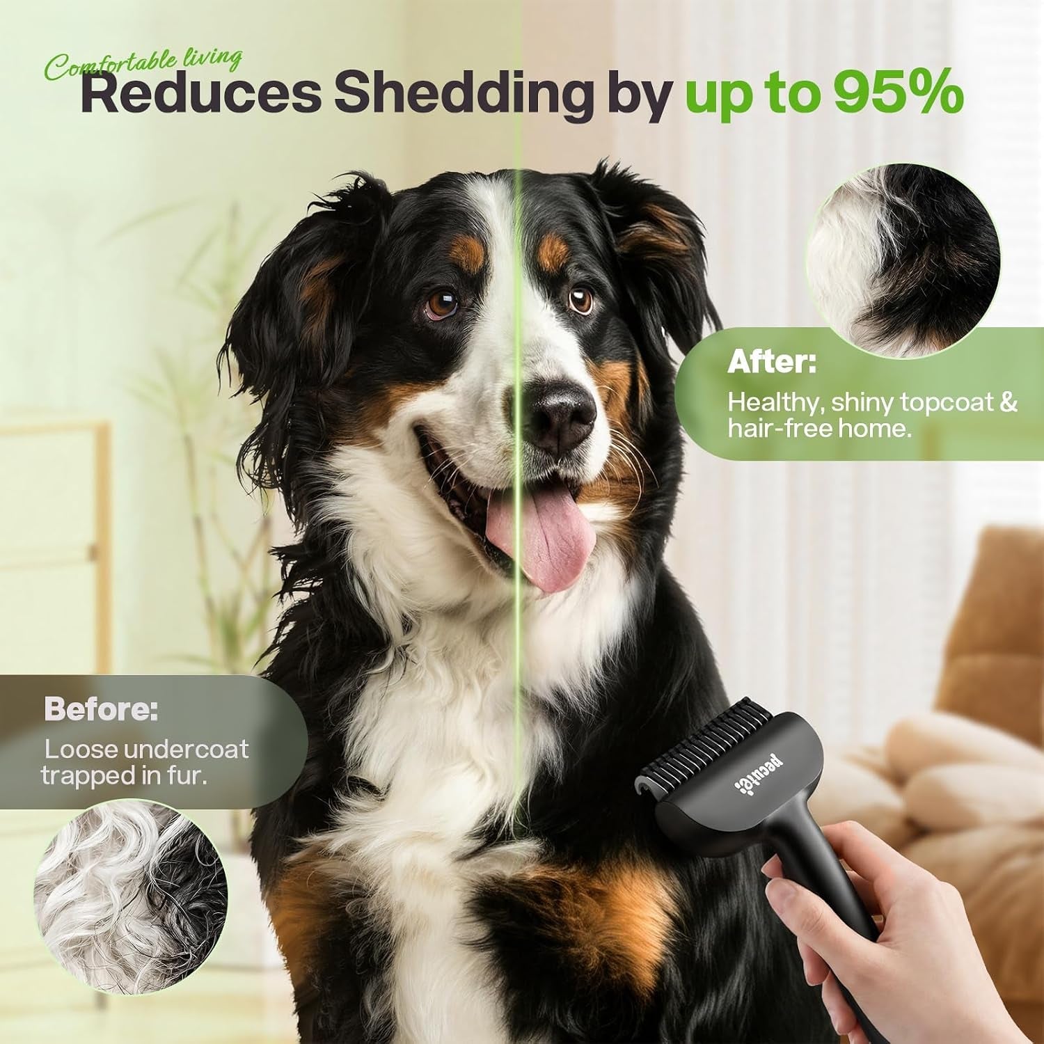pecute-self-cleaning-undercoat-rake-for-dogs-cats-with-thick-double-coats-1-click-clean-304ss-18-rounded-teeth-for-seasonal-heavy-shedding-matting-gentle-on-pets-ideal-for-long-dense-coats