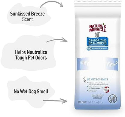 Nature'S Miracle Deodorizing Bath Wipes for Dogs, 100 Count | Neutralize Tough Pet Odors between Baths, Promotes Healthy Skin & Coat, Great for Spot & Paw Cleaning, Sunkissed Breeze Scent7