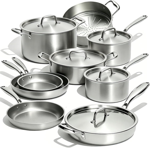 Stainless Steel Cookware Set, 5 Ply 14 Piece Stainless Steel Pot and Pan Set-Induction, Heavy Chef Quality, Oven Safe | Professional Kitchen Cooking Appliances, PFOA, PTFE & PFOS Free1