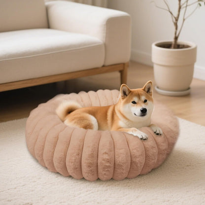 Donut Dog and Cat Bed, Luxurious Comfortable Faux Rabbit Fur Pet Beds, round Anti-Anxiety Calming Puppy Kitten Bed with Anti-Slip Bottom for Small Medium Dogs & Cats(20", White)10