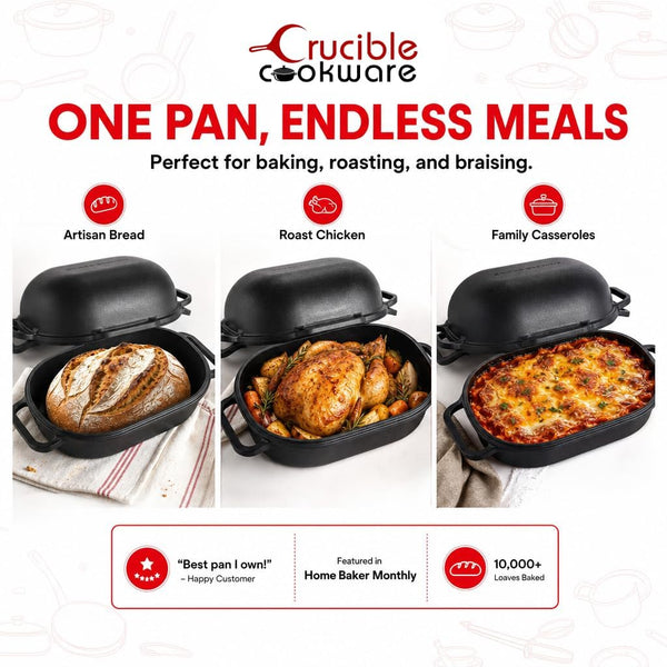 Extra Large Cast Iron Artisan Bread Pan 6 Loop Handles Deep Lid for Steam Baking - Sourdough Bread Oven, Covered Loaf Baker5