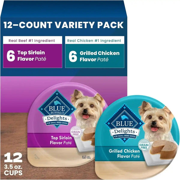Blue Buffalo Delights Variety Pack Natural Grain Free Wet Dog Food for Small Breed Dogs (Top Sirloin Flavor Paté and Grilled Chicken Flavor Paté) with Natural Ingredients, 3.5-Oz. Each (12 Cups)1