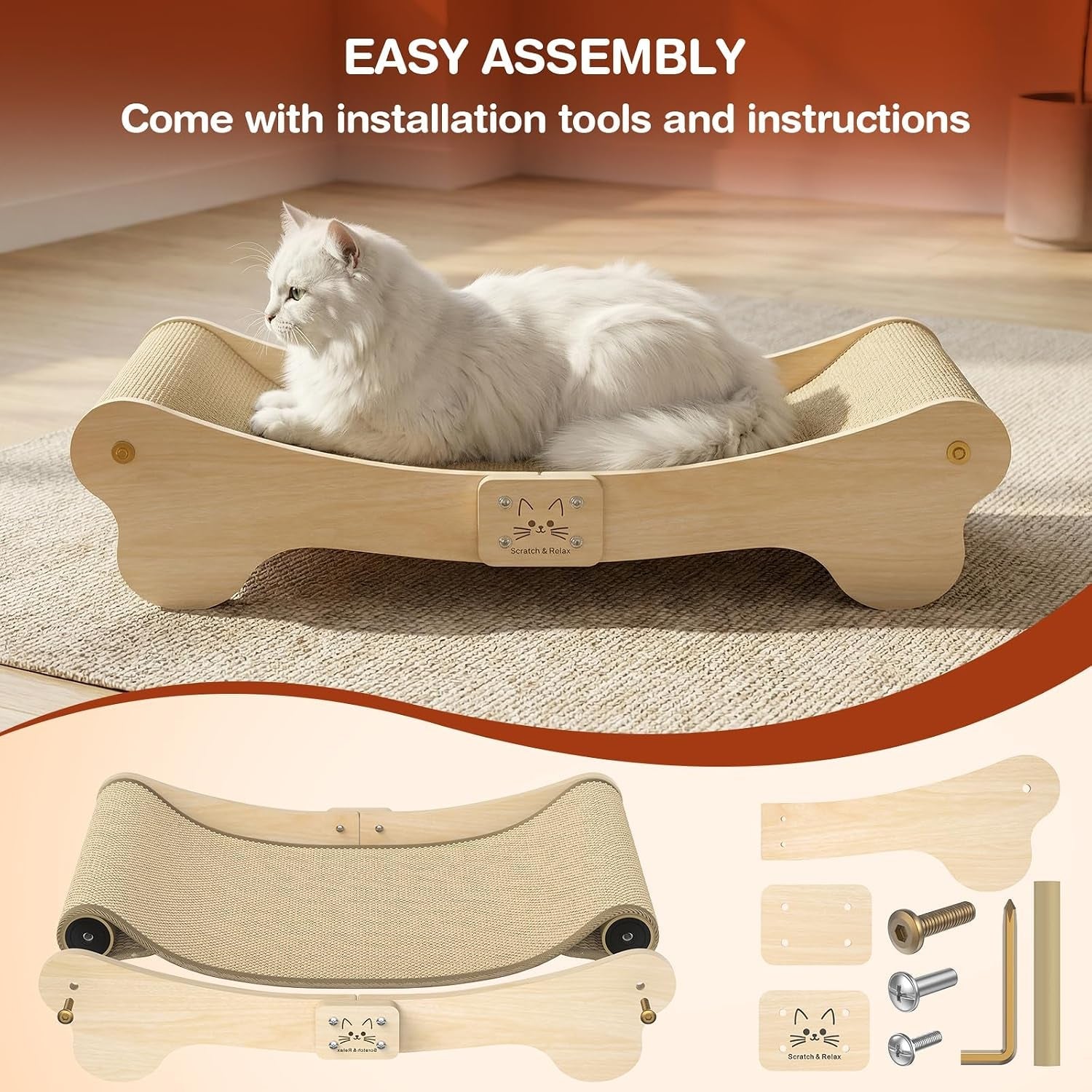 nocoex-sisal-cat-scratcher-bed-wood-scratch-board-hammock-for-indoor-cats-natural-solid-wood-curved-frame-lounger-sleep-scratching-pad-post-large-cats-45-lbs-easy-assembly-modern-furniture-protector