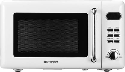 MWR7020W Compact Countertop Microwave Oven with Button Control, LED Display, 700W 5 Power Levels, 8 Auto Menus, Glass Turntable and Child Safe Lock, 0.7, Retro White1
