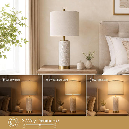 25.5" Boho Ceramic Table Lamps Set of 2 with 3-Way Dimmable Bulb | Modern Table Lamp with USB A+C Ports, Rotary Switch, Bedside Lamp with Linen Shade, for Bedroom Living Room (Bulb Included)3