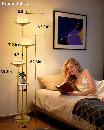 63IN Globe Floor Lamp with Shelf 3-Lights Modern Dimmable Floor Lamps with 3000K Soft Warm White Bulbs for Wedding/Party, Gold Tall Standing Lamp with 5Lbs Heavy Base for Living Room/Bedroom7