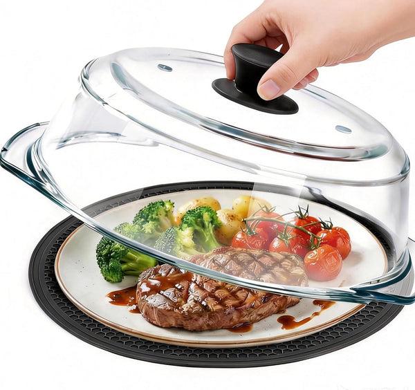 Glass Microwave Splatter Cover for Food with Microwave Place Mat - Sturdy Plate Guard Lid with Vent Holes and Easy-Grip Silicone Handle - BPA Free, Dishwasher Safe (Black)1