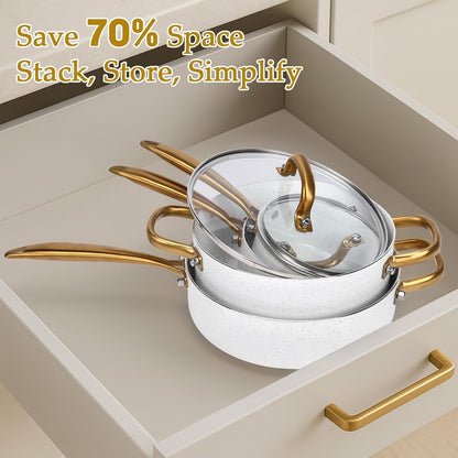 18PCS Nonstick Pots and Pans Set, Ceramic Cookware Set, Kitchen Cooking Sets, Oven/Dishwasher Safe, Space-Saving Design,Compatible with All Stovetops White6
