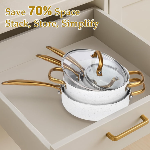 18PCS Nonstick Pots and Pans Set, Ceramic Cookware Set, Kitchen Cooking Sets, Oven/Dishwasher Safe, Space-Saving Design,Compatible with All Stovetops White6