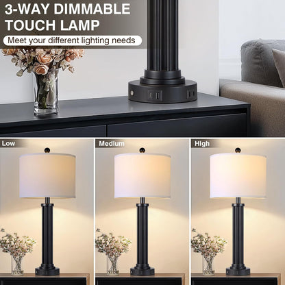 28" Tall Modern Table Lamps Set of 2 with USB C+A Ports and AC Outlet, 3 Way Touch Metal Bedside Lamps for Bedroom, Black Nightstand Lamps for Living Room3