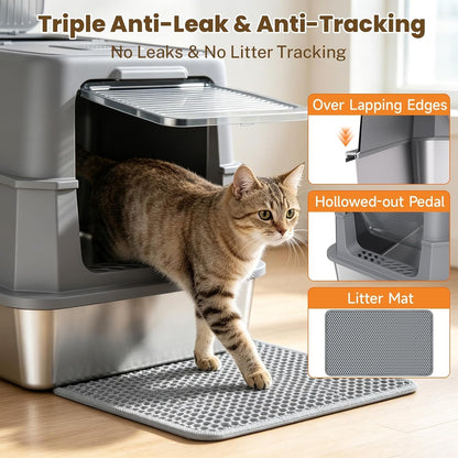 Enclosed Stainless Steel Litter Box, XL Covered Metalpan Includes Mat Scoop | Easy Cleaning Anti-Urine Leakage Non-Sticky Front Entry Top Exit3