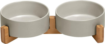 SPUNKYJUNKY Ceramic Dog and Cat Bowl with Wood Stand Non-Slip Matte Glaze Weighted Food Water Set for Cats &Small Dogs 13.5OZ1