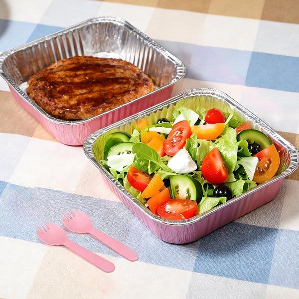 (35-Pack) Pink 8X8 Inch Disposable Aluminum Pans with Plastic Lids,Stickers and Cake Spoons,Square Cake Pans for Parties,Baking Trays,Foil Pans for Holiday Cooking, Parties Meal Prep, Storage6