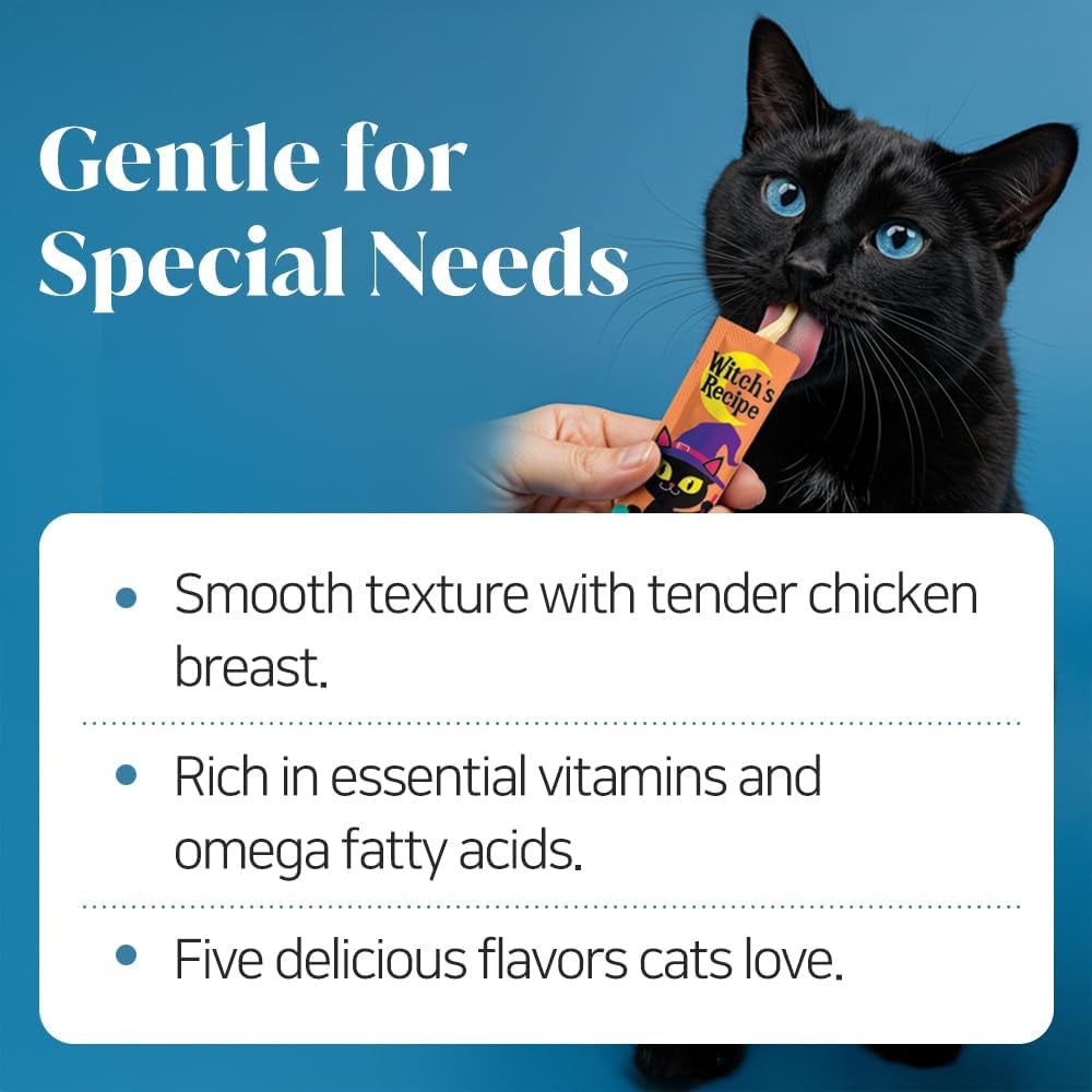 witchs-recipe-lickable-cat-treats-creamy-squeezable-puree-grain-free-100-tubes-chicken-tuna-salmon-goatmilk-capelin-flavors-0-5oz-each-tube