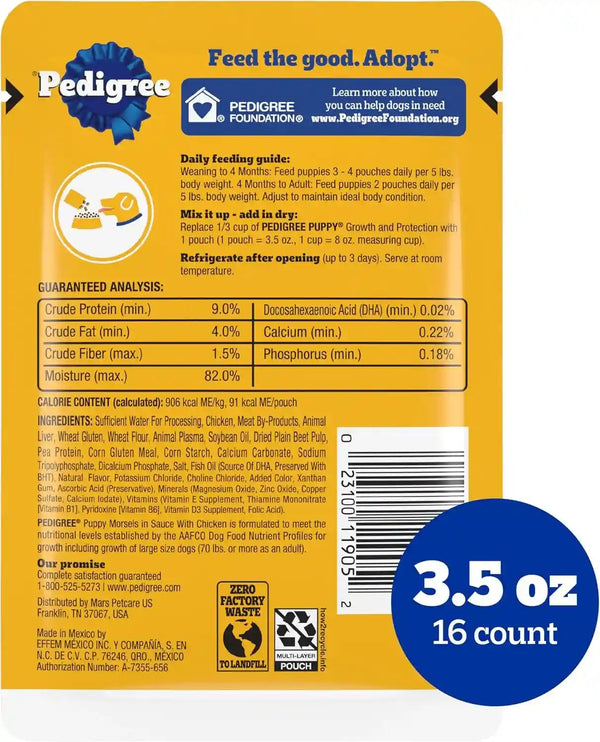 Pedigree Puppy Morsels Wet Dog Food Pouch, Chicken, 3.5 Oz, 16 Count | Steam Cooked, High Quality Animal Protein, DHA Brain Support, Calcium for Teeth & Bones, Topper or Complete Meal2