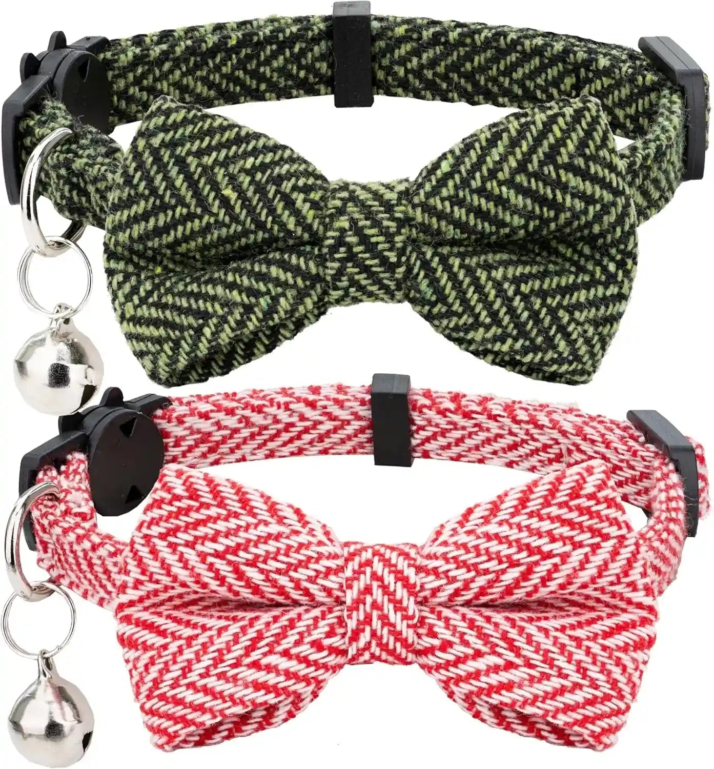 cat-collar-breakaway-bowtie-safety-with-bell-adjustbale-kitten-puppy-solid-plaid-color-set-d-2pcs-pink-2