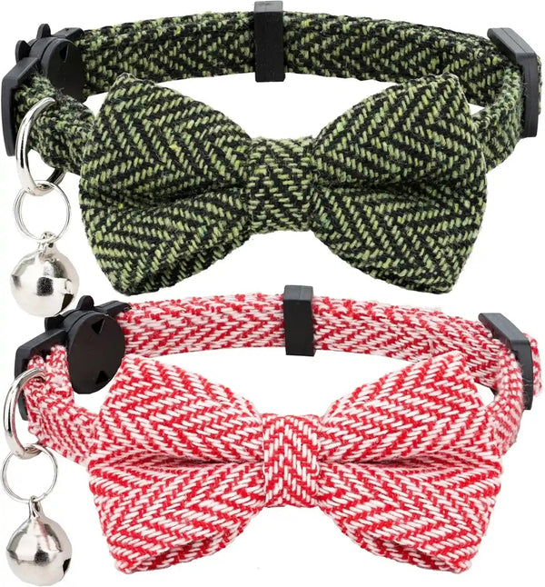 Cat Collar Breakaway Bowtie Safety with Bell Adjustbale Kitten Puppy Solid Plaid Color Set D-[2Pcs] Pink-211