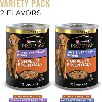 Purina Pro Plan Complete Essentials Wet Dog Food, Lamb and Vegetables and Turkey and Vegetables in Gravy Variety Pack - (Pack of 12) 13 Oz. Cans3