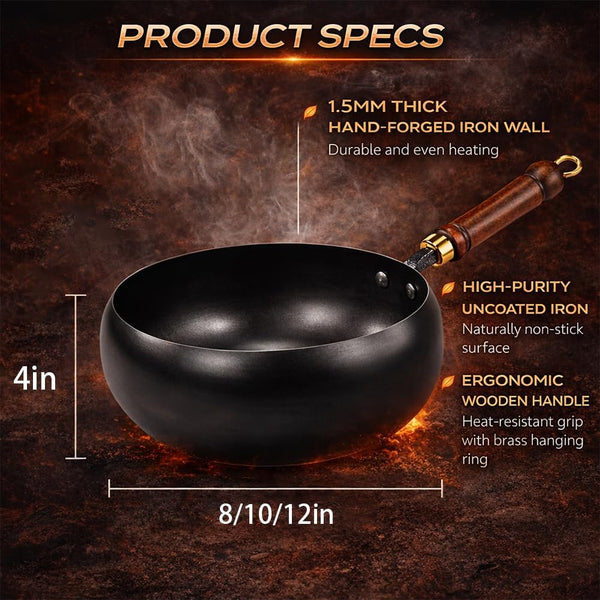2026 Upgraded Uncoated Thick Iron Pot, Japanese Hand-Forged Non-Stick Iron Pan without Coating, Durable and Rust-Free for Cooker Gas Stir Fry Pans round Bottom with Lid (Glass Lid,11In)2