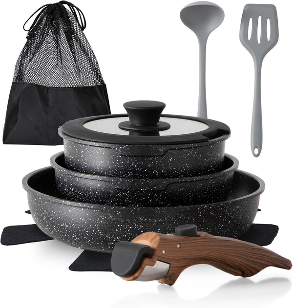 Removable Handle Pots and Pans, 10 Piece Cookware Set Non Stick | Kitchen Induction Compatible, Black Granite Non-Toxic, Stackable RV Cookware Sets for Camping1