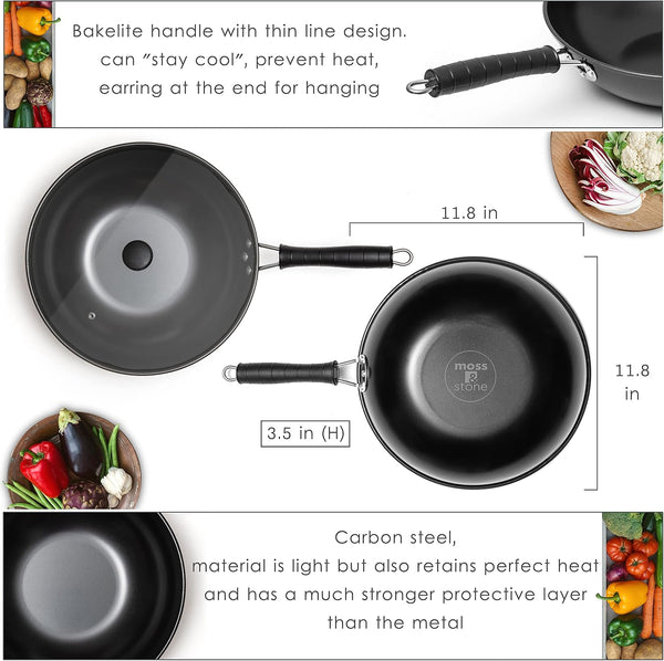5 Pcs Carbon Wok Set, Carbon Steel Wok Pan 12 Inch Woks and Stir Fry Pans, Chinese Wok for Electric, Induction & Gas Stove with Glass Lid, Wok Spatula, Chopping Board & Paring Knife2
