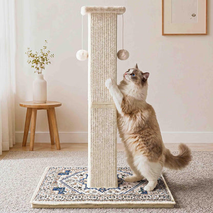 Tall Cat Scratching Post for Indoor Cats Adults, 33'' Large Cat Scratch Post with Perch, Cute Cat Scratching Post with Boho Carpet ＆ Dangling Ball Toys, White1