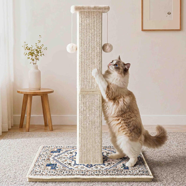 Tall Cat Scratching Post for Indoor Cats Adults, 33'' Large Cat Scratch Post with Perch, Cute Cat Scratching Post with Boho Carpet ＆ Dangling Ball Toys, White1