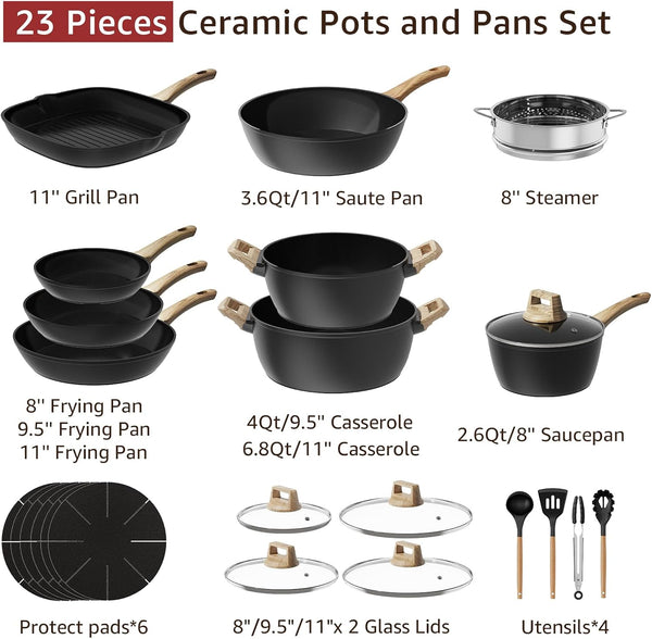 23-Piece Pots and Pans Set Non Stick,Titanium Ceramic Cookware Set Non Toxic,Long-Lasting,Pfas Free,Induction Compatible,Complete Kitchen Set with 3 Frying Pans for All Cooking Needs7
