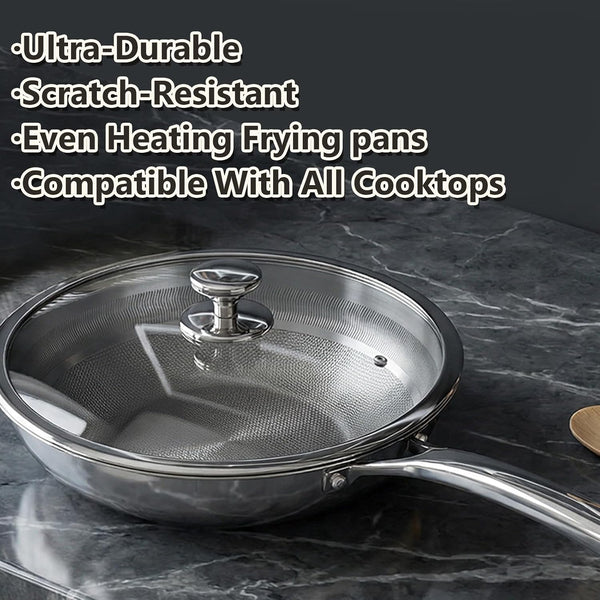 Titanium Hammered Wok with Lid, Pure, No Coating Non-Stick Titanium Pans for Cooking, Flat Bottom Wok, Ultra-Durable, Scratch-Resistant, Compatible with All Cooktops,12.6In6