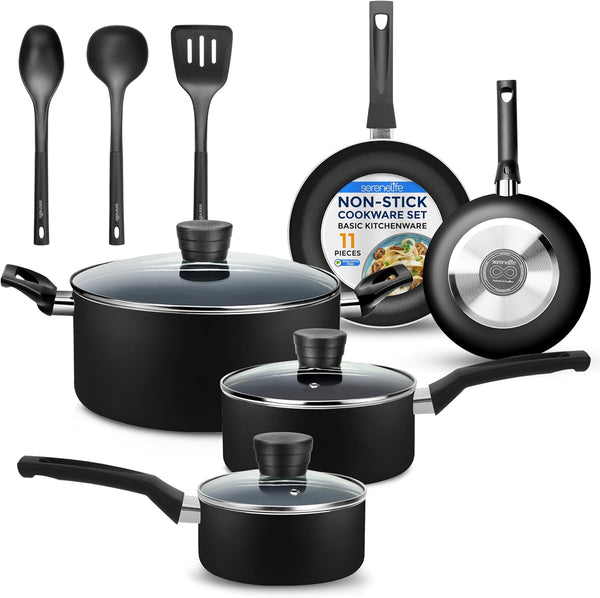 Kitchenware Pots & Pans Basic Kitchen Cookware, Black Non-Stick Coating Inside, Heat Resistant Lacquer (11-Piece Set), One Size, Black1