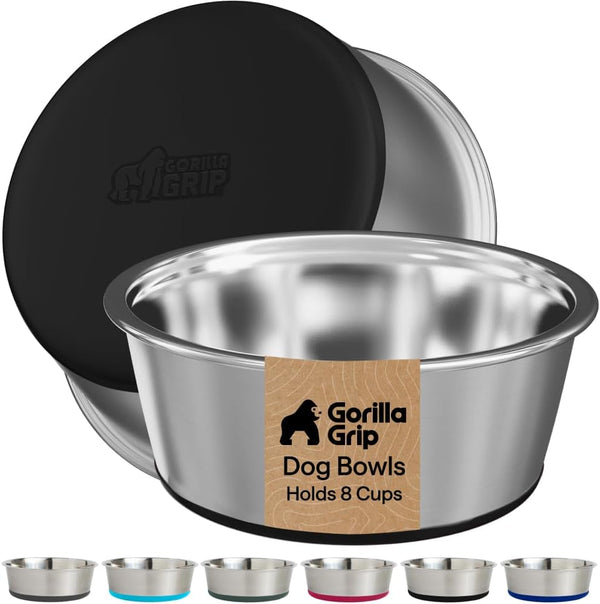 GORILLA GRIP Dog Bowls, Food Grade 304 Stainless Steel, Holds 2 US Cups Each (16 Fl Oz) Food and Water Bowl for Feeding Dogs and Cats, Dishwasher Safe, Rust Resistant BPA Free Rubber Base, 2 Set Black27