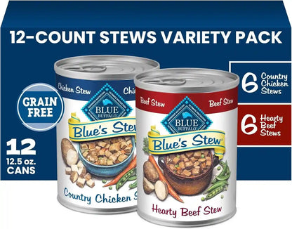 Blue Buffalo Blue’S Stew Variety Pack Hearty Beef & Country Chicken Stew Natural Grain Free Wet Dog Food with Real Meat in Thick Savory Gravy, Natural Ingredients, 12.5-Oz Cans (6 Count)12