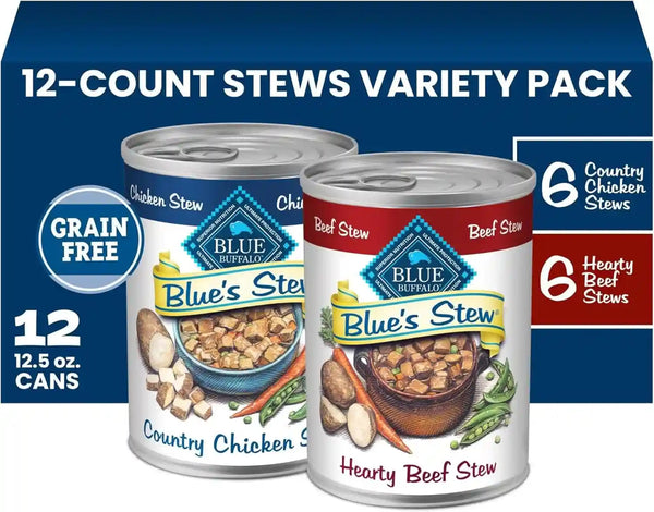 Blue Buffalo Blue’S Stew Variety Pack Hearty Beef & Country Chicken Stew Natural Grain Free Wet Dog Food with Real Meat in Thick Savory Gravy, Natural Ingredients, 12.5-Oz Cans (6 Count)12
