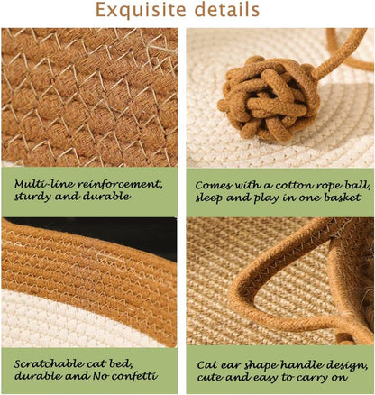 Handwoven Cotton Rope Cat Bed - Breathable & Easy to Clean, Foldable Scratchable Hammock with Cat Ear Design, with a Playing Ball for Kittens - Large Brown4