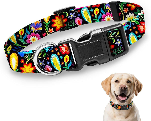Kazazoo Dog Collar Cute and Soft Nylon Puppy Collar Girl Dogs, Adjustable Purple Dog Collars for Medium Dogs, Purple Flowers-M45