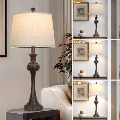Brown Touch Table Lamps,28.75" Tall Bedside Lamps with USB C+A Ports, 3-Way Dimmable Table Lamp, Nightstand Lamps for Bedroom, Living Room，Brown Lamps with Beige Lampshade, Bulb Included4