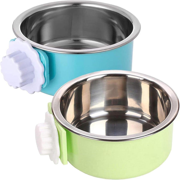 Kathson Crate Dog Bowl, Removable Stainless Steel Hanging Pet Kennel Cage Bowl Food & Water Feeder Coop Cup for Puppy, Cat, Rabbit, Guinea Pigs Ferret Bird (2 PCS, Size: M, Blue and Green)1