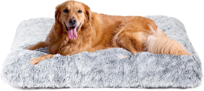EHEYCIGA Fluffy Dog Crate Bed for Extra Large Dogs, Plush Faux Fur Pad, Calming anti Anxiety XL Bed for Crate, Washable Soft Warm Dog Mat with Non-Slip Bottom, Grey1