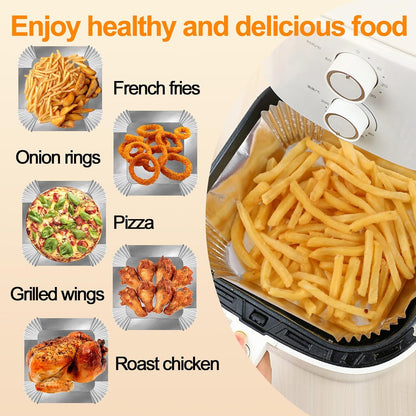 Air Fryer Liners, 100Pcs Aluminum Foil Air Fryer Disposable Paper Liner | 6.3” Square Non-Stick Sheets, Food Grade Aluminum Foil for Baking, Frying, Grilling, Roasting Microwave4