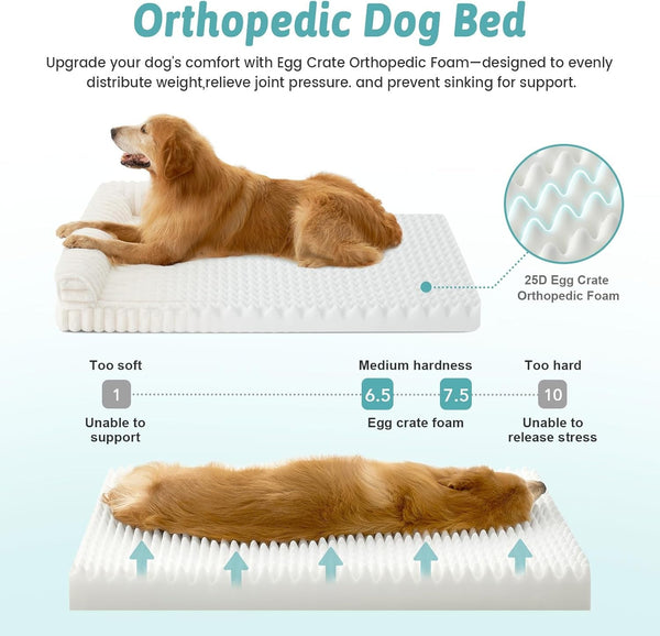 COZY KISS Ultra Soft Faux Rabbit Fur Dog Bed for Medium Dogs – 36"X27" Orthopedic Foam Couch, Removable Washable Cover & Waterproof Lining, Cream3