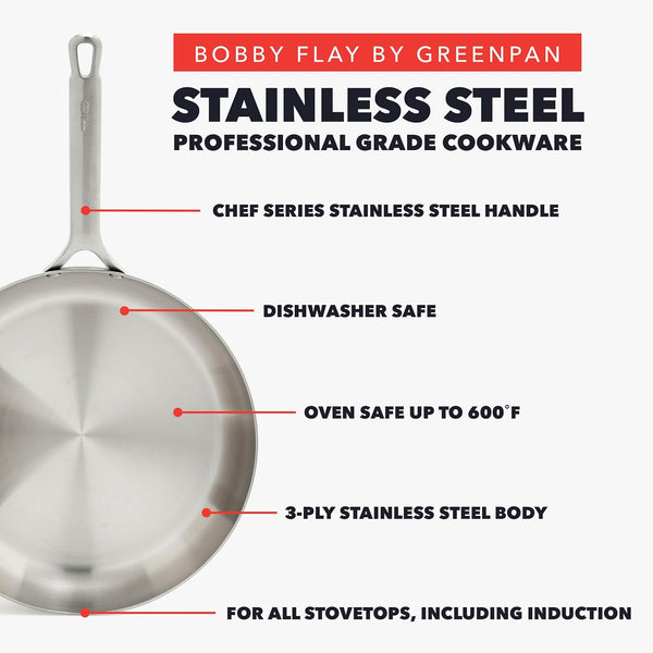 X Bobby Flay 10 Piece Stainless Steel Cookware Set, Tri-Ply Multiclad Pots & Pans, Professional Grade, Oven & Broiler Safe to 600°F, Dishwasher Safe, Durable, Induction Compatible, Silver6