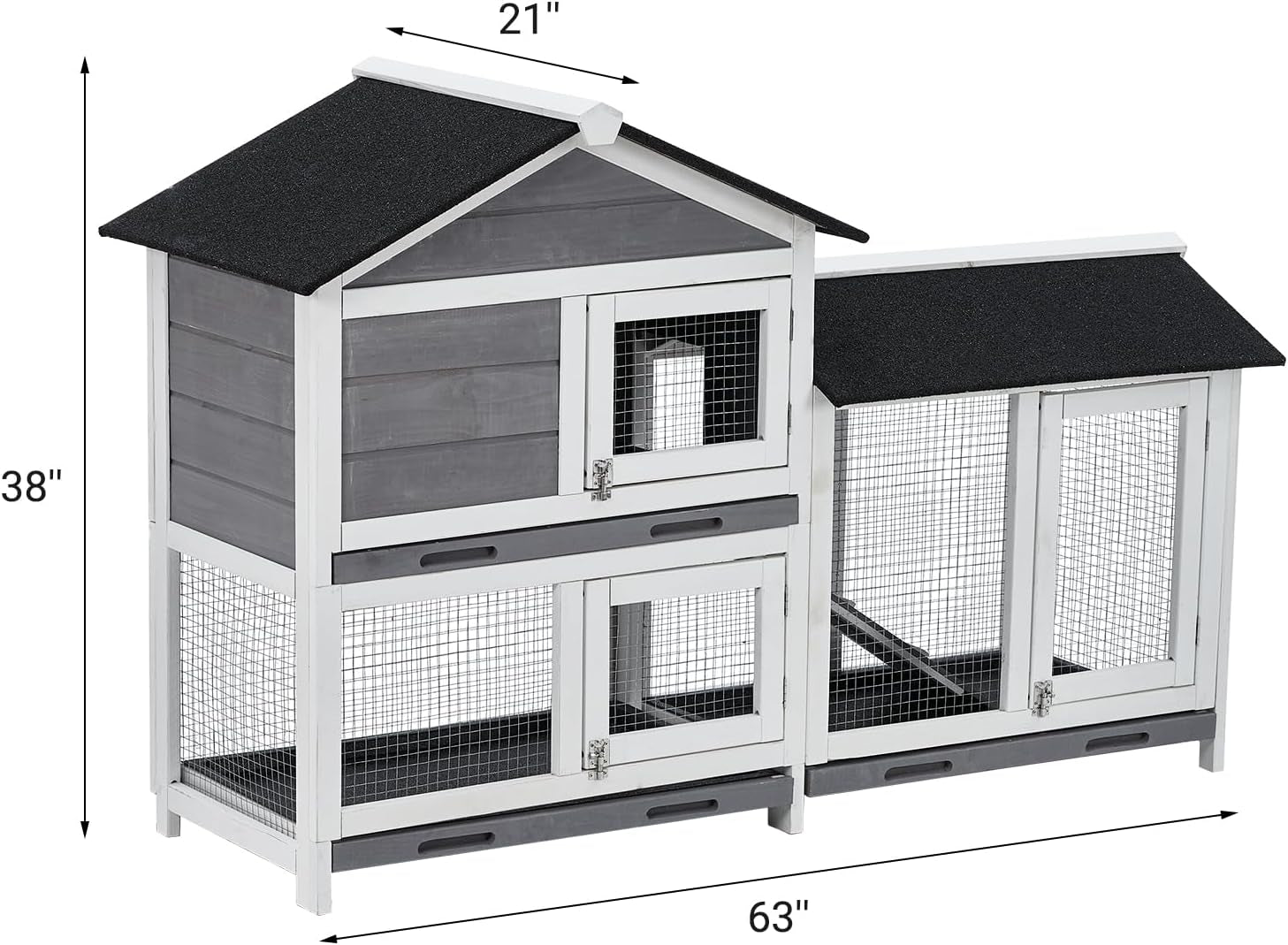 garvee-58-bunny-hutch-indoor-bunny-cage-with-3-removable-trays-wooden-waterproof-roof-rabbit-hutch-indoor-outdoor-2-tier-bunny-house-chicken-coop-gray-and-black
