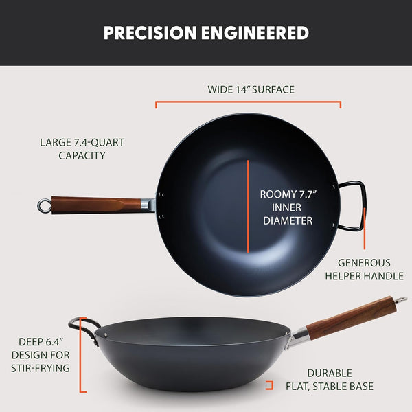 Carbon Steel Wok 14”, Flat Bottom, Durable Stir-Fry Pan, Pre-Seasoned Ready to Use, High Heat Retention, Induction, Ash Wood Handle, Kyoto, Black2