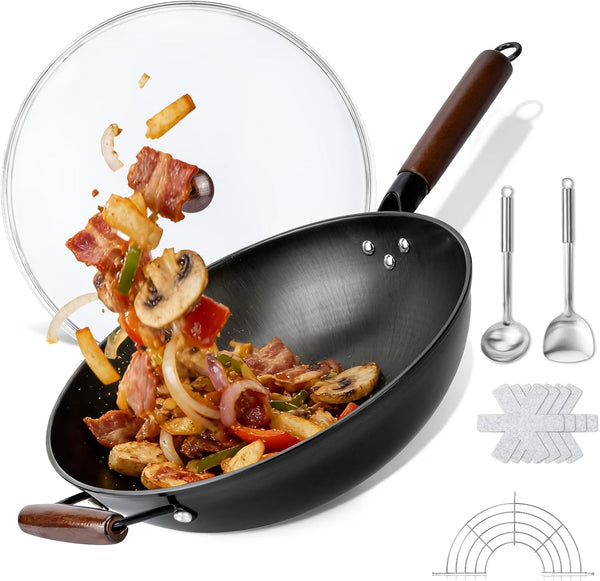 Carbon Steel Wok - 13" Woks & Stir-Fry Pans Nonstick, Wok with Lid, Fast Heat Conduction, Uniform Heat Conduction Flat Bottom Woks, Professional Chef Cookware1