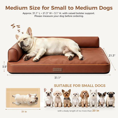 Outdoor Waterproof Dog Bed for Small Dogs, Egg Crate Foam Crate Pad with Raised Bolster, Removable Washable Leather-Look Cover, Non-Slip Bottom, Brown, for Dogs up to 20 In. Long2