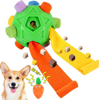 Dog Snuffle Ball-Interactive Puzzle Dog Toys Encourage Natural Foraging Skills Slow Feeder for Training and Stress Relief, Cloth Strip Hiding Food Dog Toys with Squeaky Carrot Toy for Any Size1