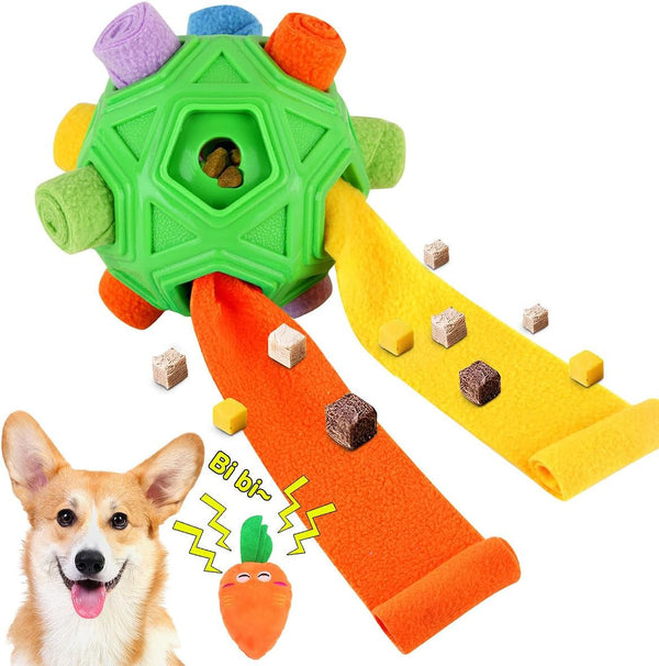 Dog Snuffle Ball-Interactive Puzzle Dog Toys Encourage Natural Foraging Skills Slow Feeder for Training and Stress Relief, Cloth Strip Hiding Food Dog Toys with Squeaky Carrot Toy for Any Size1