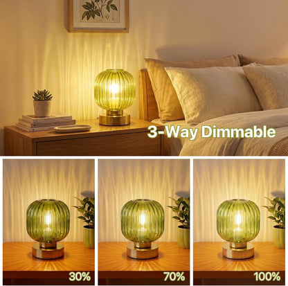 Green Touch Glass Table Lamp, 3-Way Dimmable Bedside Lamp, Vintage Mid-Century Modern Small Nightstand Lamp for Bedroom and Living Room, Ambient Mood Lighting, LED Bulb Included3