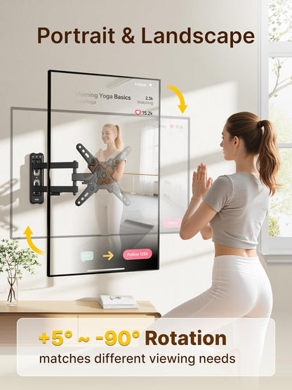 Full Motion Small TV Wall Mount for 13-43 Inch Tvs up to 44 Lb | ±90° Swivel, +5°/-15° Tilt, Landscape/Portrait Rotation; Extends 14.6 In, 4X Load Tested, VESA 200X200 Mm, Single-Stud Mount3