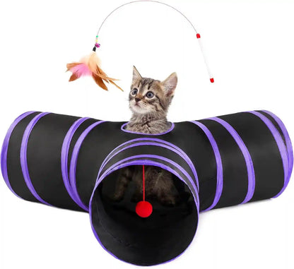 Love’S Cabin Cat Tunnel for Indoor Cats, 3-Way Collapsible Play Tunnel with Teaser Wand, Peek Holes & Toy Ball, Small Pet Toy for Kittens & Rabbits, Black & Blue, Small Size12